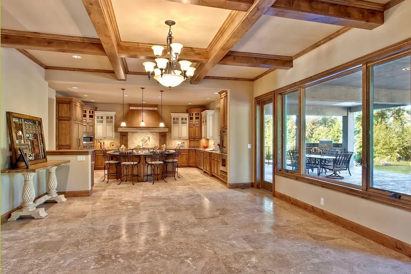 Bear Creek: Dining space beneath ceiling beams, looking toward the kitchen