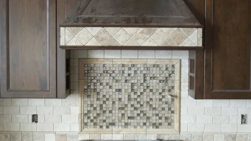Eagle Shores, Lot 3: Close view of the range hood and mosaic backsplash