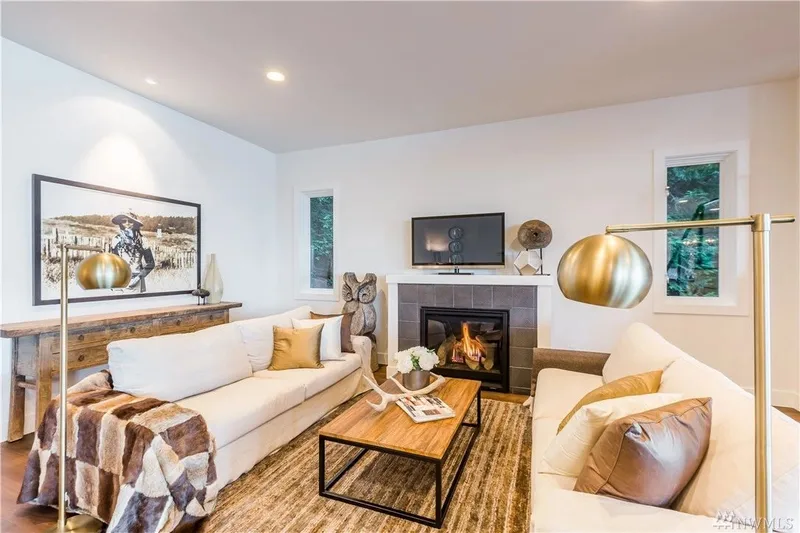 Lake Washington, Madrona: Sitting room with a fireplace and television