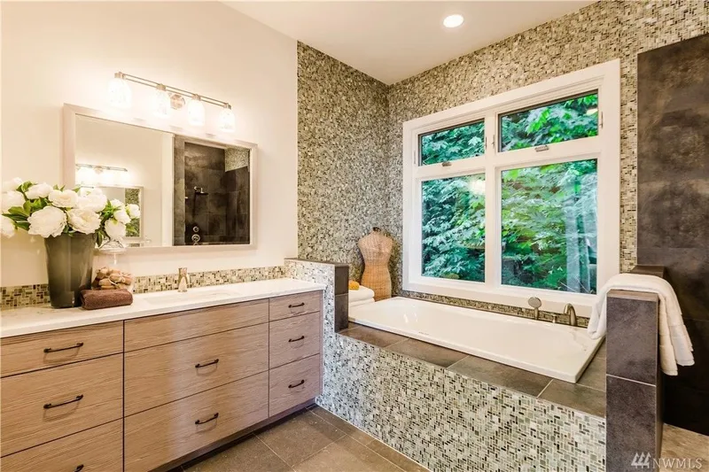 Lake Washington, Madrona: Bathroom with a vanity and window-side tub