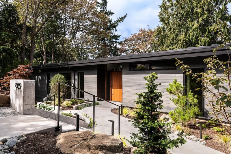 Mercer Island, indoor-outdoor: Front exterior and landscaped approach