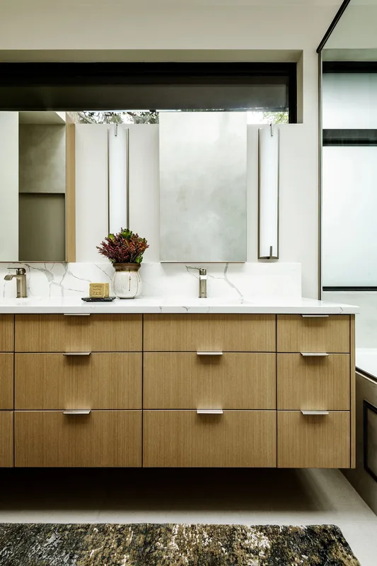 Mercer Island, indoor-outdoor: Bathroom vanity and mirror