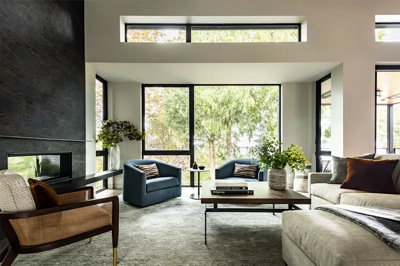 Mercer Island, indoor-outdoor: Living room seating beneath high windows