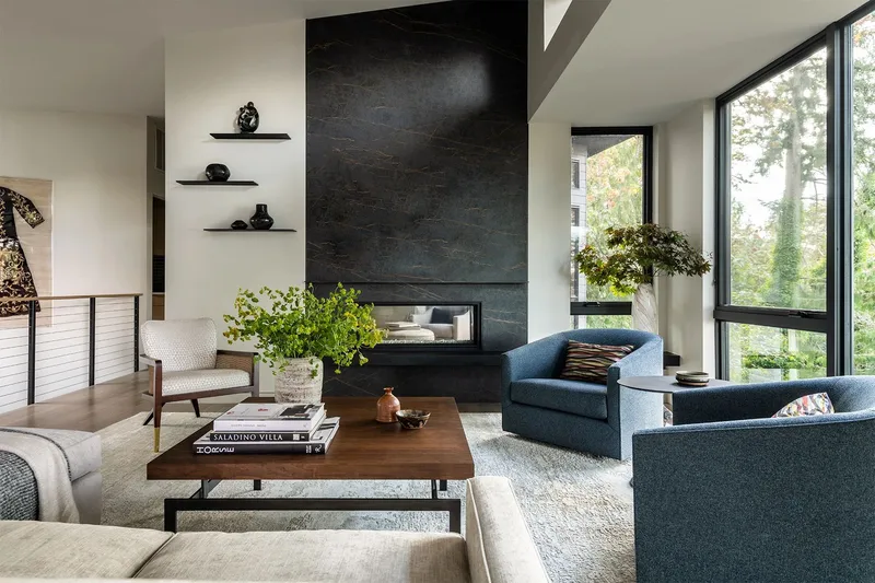 Mercer Island, indoor-outdoor: Living room fireplace and window seating