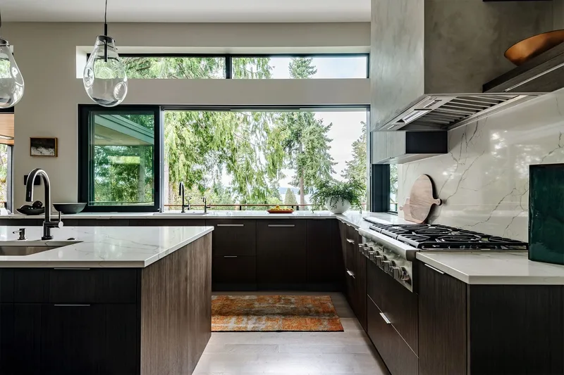 Mercer Island, indoor-outdoor: Kitchen range and garden-facing window