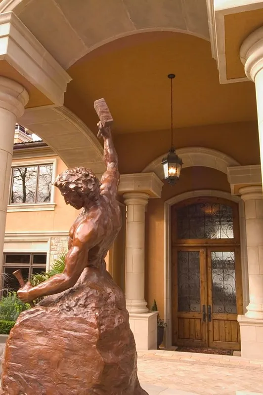 Mercer Island waterfront: Front door beyond the courtyard sculpture