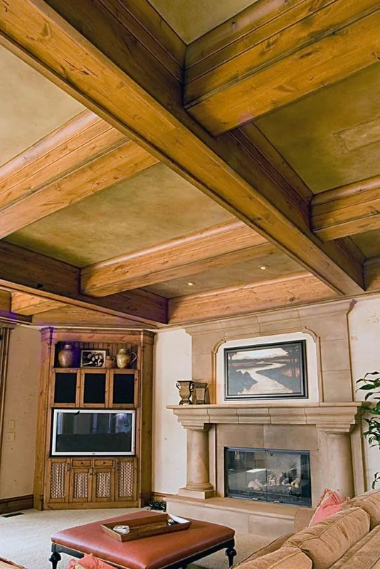 Mercer Island waterfront: Tall view of the living room fireplace and coffered ceiling