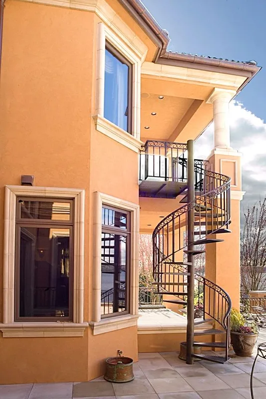 Mercer Island waterfront: Exterior spiral staircase beside the rear windows