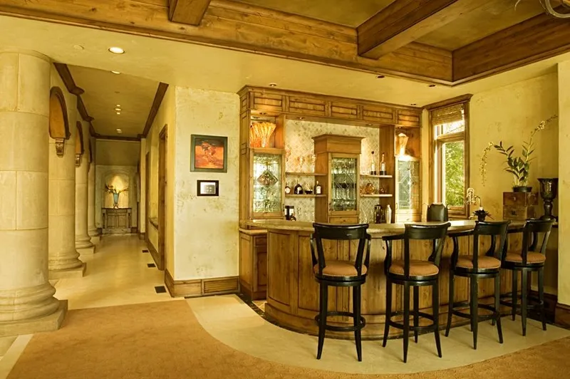Mercer Island waterfront: Interior bar beside the columned hallway