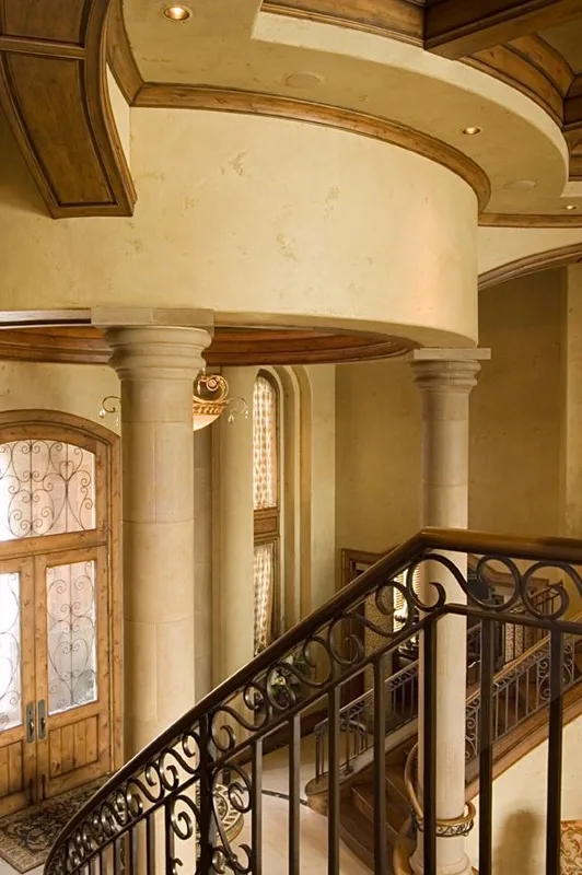 Mercer Island waterfront: Upper stair landing with curved railings and columns