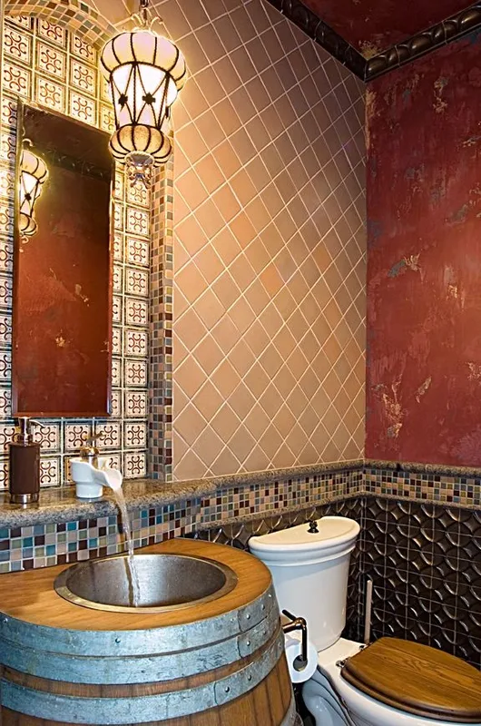 Mercer Island waterfront: Powder room with a round metal basin and patterned wall tile