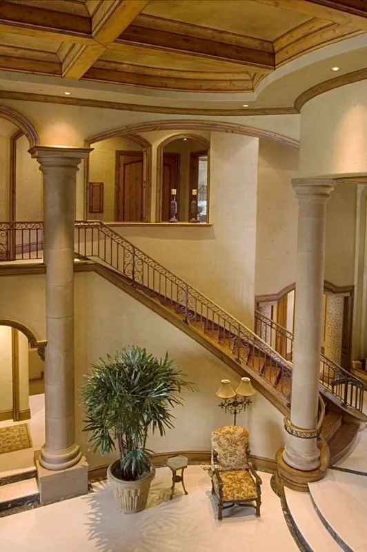 Mercer Island waterfront: Open entry gallery beneath a coffered ceiling