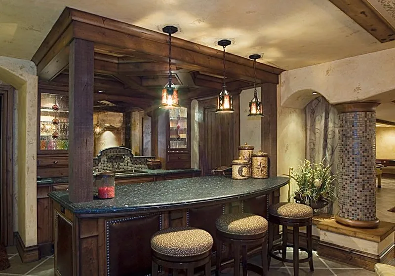 Mercer Island waterfront: Wood bar with counter seating and mirrored shelving