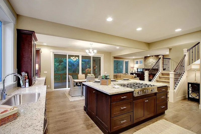 Redmond: Kitchen opening toward the living room and staircase