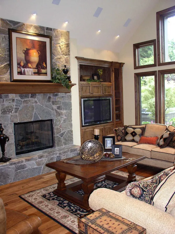 Woodinville Craftsman: Tall view of the fireplace wall and great room seating