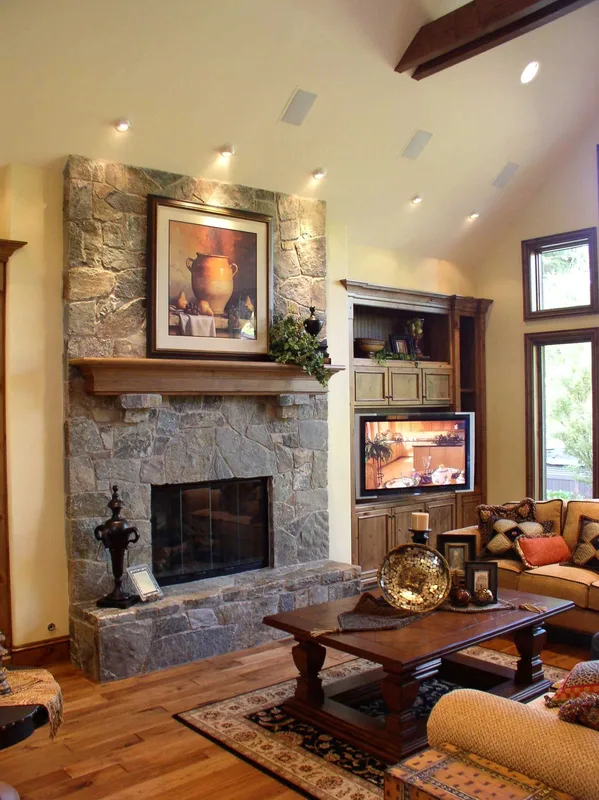 Woodinville Craftsman: Great room fireplace beneath the vaulted ceiling