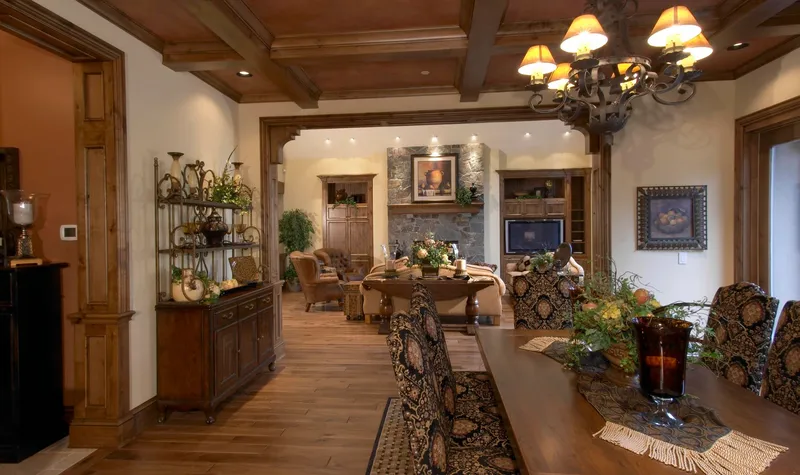 Woodinville Craftsman: View from the dining table toward the great room fireplace