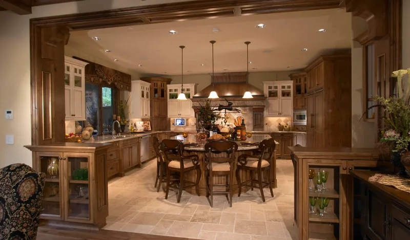 Woodinville Craftsman: Kitchen framed by wood columns and a serving counter