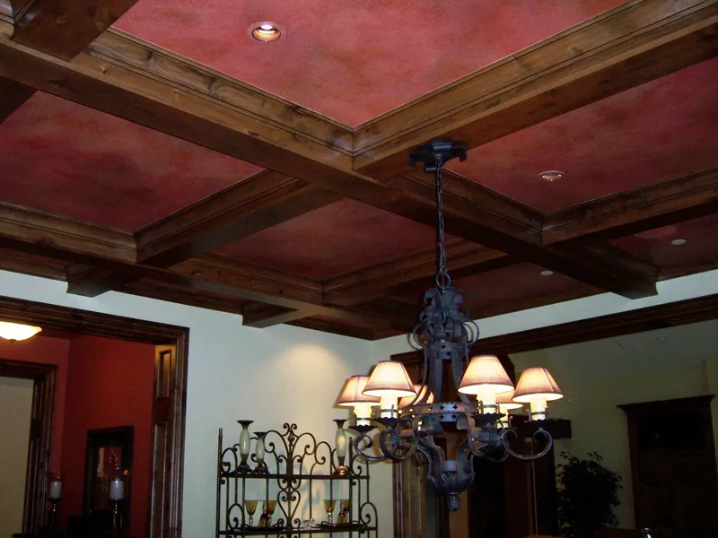 Woodinville Craftsman: Decorative coffered ceiling and dining room chandelier