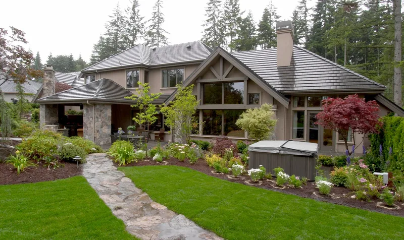 Woodinville Craftsman: Rear exterior overlooking the garden and lawn