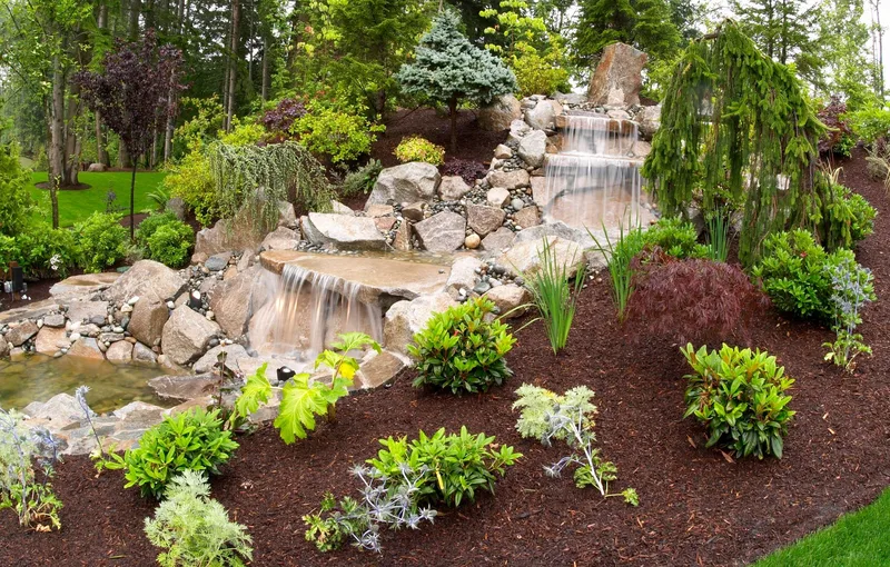 Woodinville Craftsman: Garden waterfall and landscaped rockwork from another angle