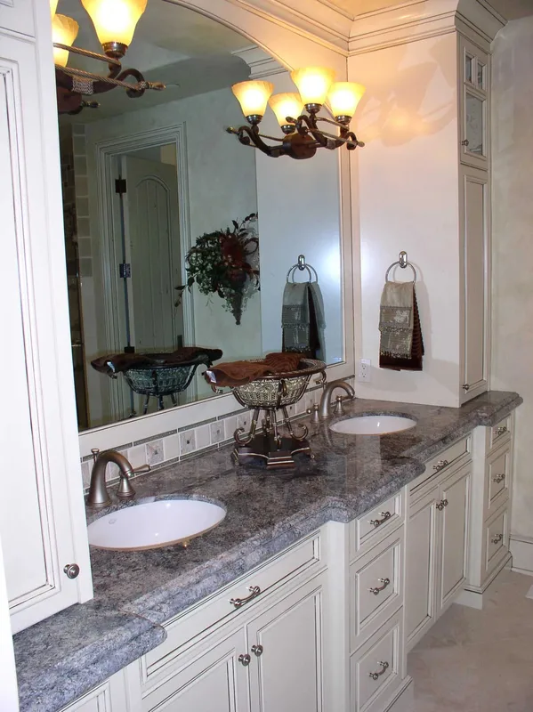 Woodinville Craftsman: Tall view of the bathroom vanity and mirrored cabinetry