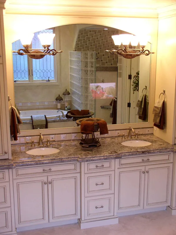 Woodinville Craftsman: Bathroom mirror and vanity opposite the glass-block shower