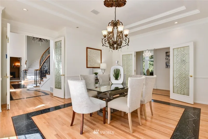 Dining room with a chandelier and wood flooring
