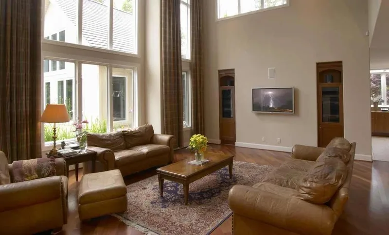 Woodinville, wine room and pool: Family room seating beneath the high ceiling